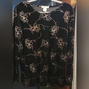 Women's Notations Black Velvet Long Sleeve with Multicolor Sparkly Floral Design